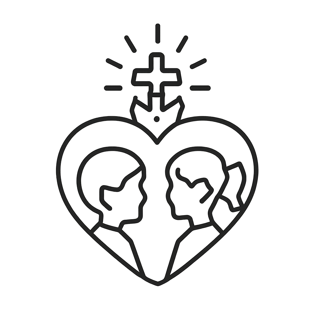 A sacred heart with a cross at the top, combined with the silhouettes or outlines of children, symbolizing hope and compassion. The design should be warm, caring, and inspirational.